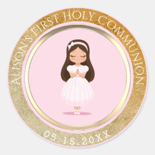 Sticker Rond Fille Première Sainte Communion Or rose