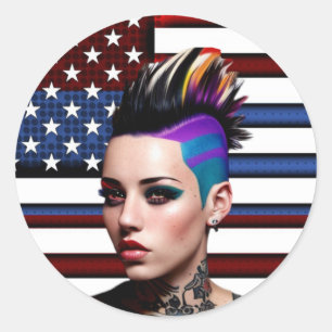 Sticker Rond Fille punk mohawk avec drapeau américain
