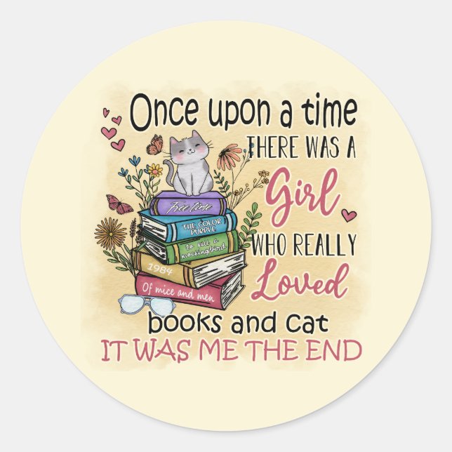 Sticker Rond Fille qui aime les livres et les chats (Devant)