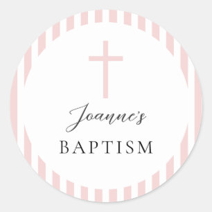 Sticker Rond Fille rayée rose et blanc baptême