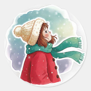 Sticker Rond fille regardant la neige