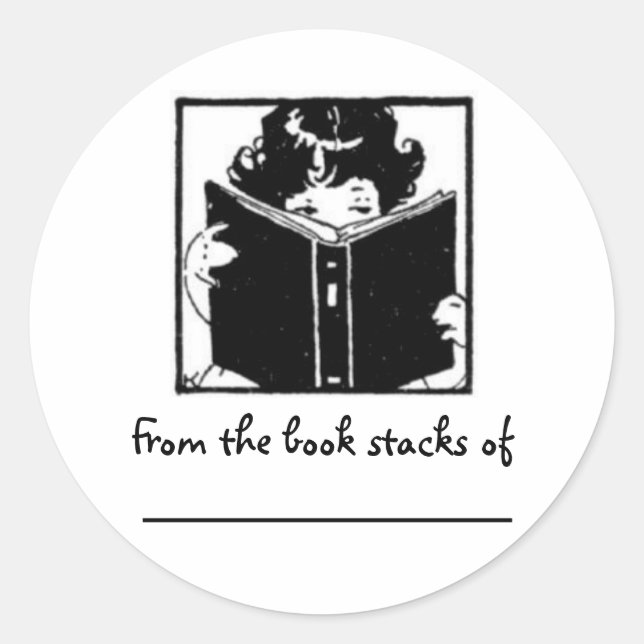 Sticker Rond Fille regardant sur le livre~ De la pile de livres (Devant)