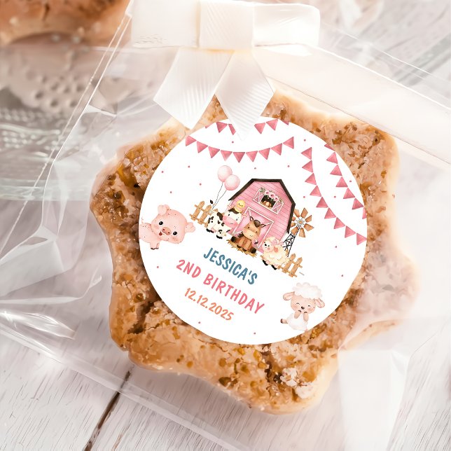 Sticker Rond Fille rose Animaux de ferme Anniversaire (Créateur téléchargé)