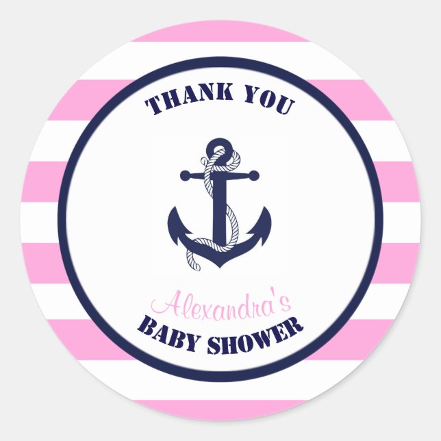 Sticker Rond Fille rose Baby shower nautique Merci Favor (Devant)