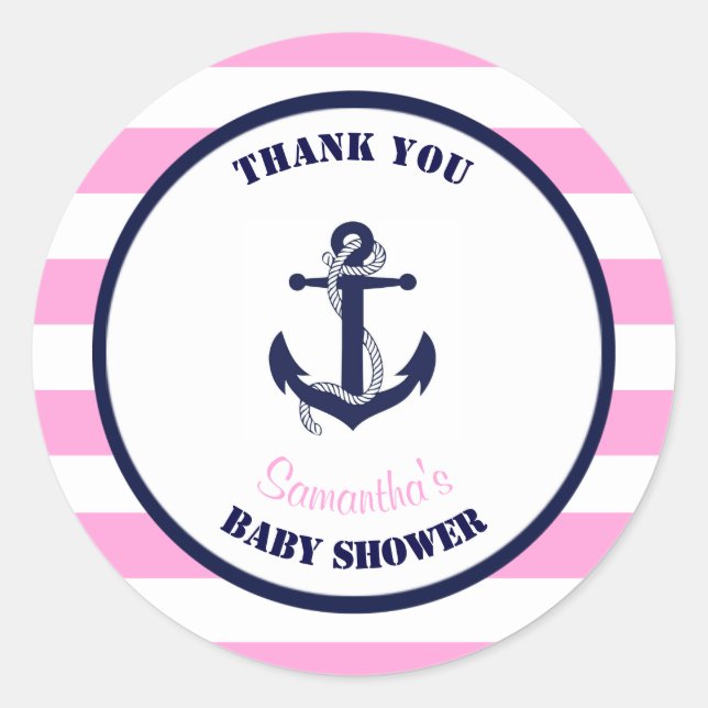 Sticker Rond Fille rose Baby shower nautique Merci favorise (Devant)