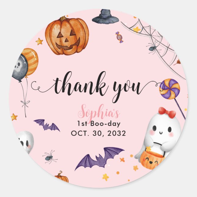 Sticker Rond Fille rose Éffrayant Halloween Anniversaire Merci (Devant)