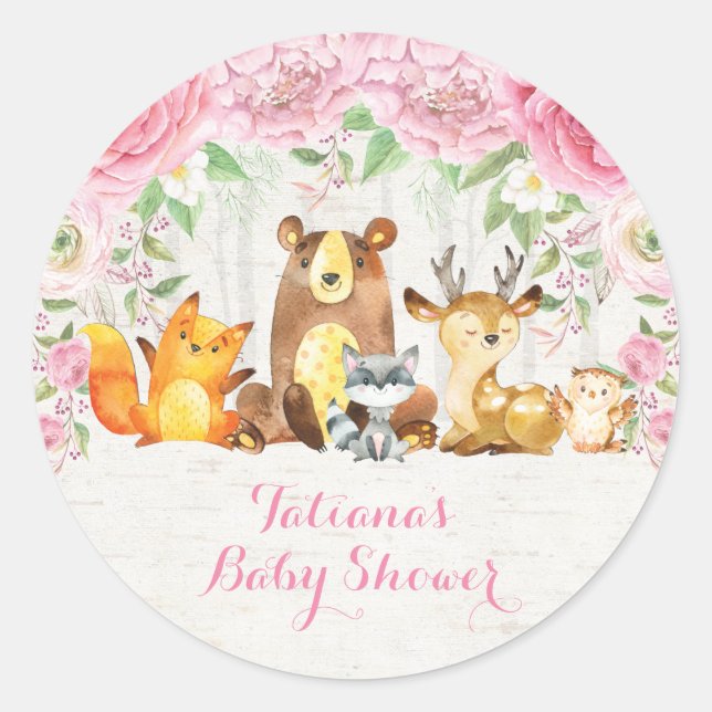 Sticker Rond Fille rose Floral Bois Bébé Animaux Merci (Devant)