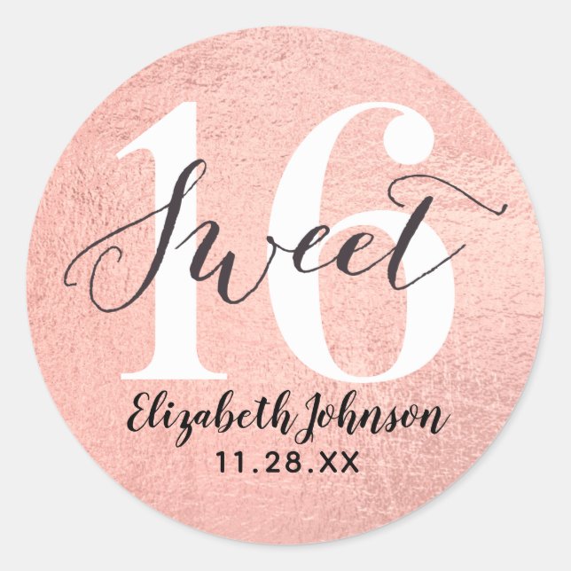 Sticker Rond Fille Rose Gold Foil Sweet 16 Anniversaire Classic (Devant)