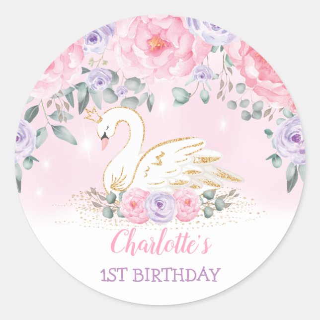 Sticker Rond Fille Rose Lavande Swan Princesse Anniversaire Fav (Devant)