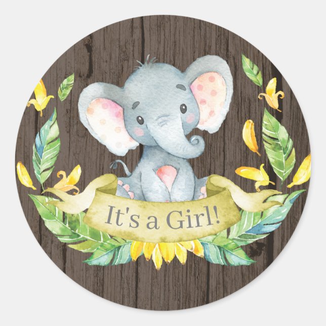 Sticker Rond Fille rustique éléphant Baby Shower Jaune (Devant)