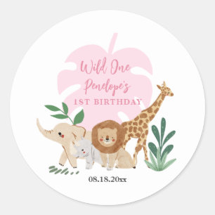 Sticker Rond Fille Safari 1er fête d'anniversaire