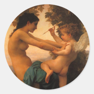 Sticker Rond Fille se défendant contre la cupidité par Bouguere