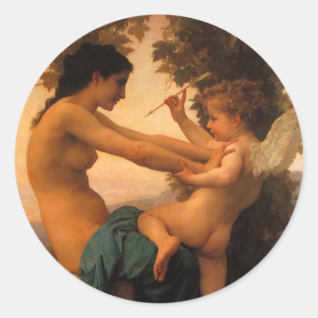 Sticker Rond Fille se défendant contre la cupidité par Bouguere (Devant)