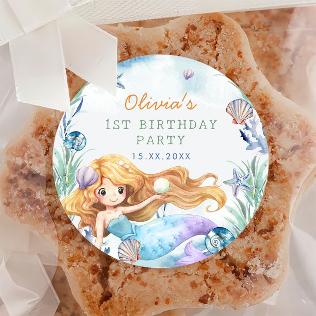 Sticker Rond Fille Sirène 1ère fête d'anniversaire (Créateur téléchargé)
