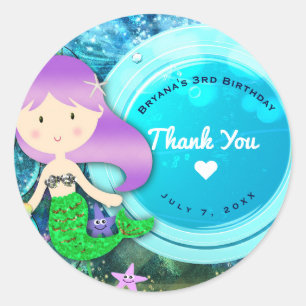 Sticker Rond Fille Sirène Anniversaire Fête Enchantée Sea Faveu