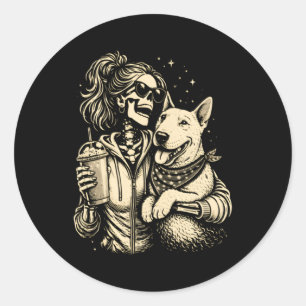 Sticker Rond Fille squelette cool avec chien - Amoureux de comp