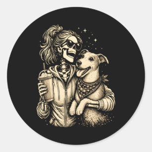 Sticker Rond Fille squelette serrant un chien - Amoureux des an
