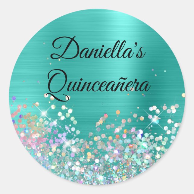 Sticker Rond Fille Turquoise Foil Holo Parties scintillant Anni (Devant)