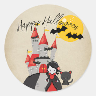 Sticker Rond Fille vampire mignonne et château hanté Halloween