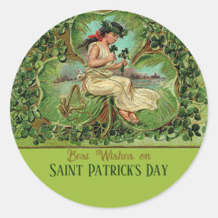 Sticker Rond Fille Vintage de la Saint Patrick avec Shamrock
