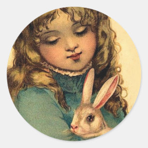 Sticker Rond Fille vintage de Pâques avec le lapin