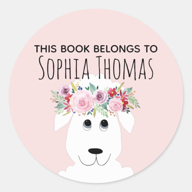 Sticker Rond Filles "Ce Livre Appartient" Lamb Nom Plaque (Devant)