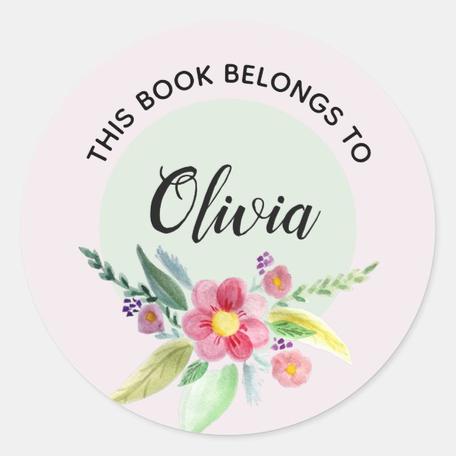 Sticker Rond Filles 'Ce Livre Appartient' Plaque Florale Printe (Devant)