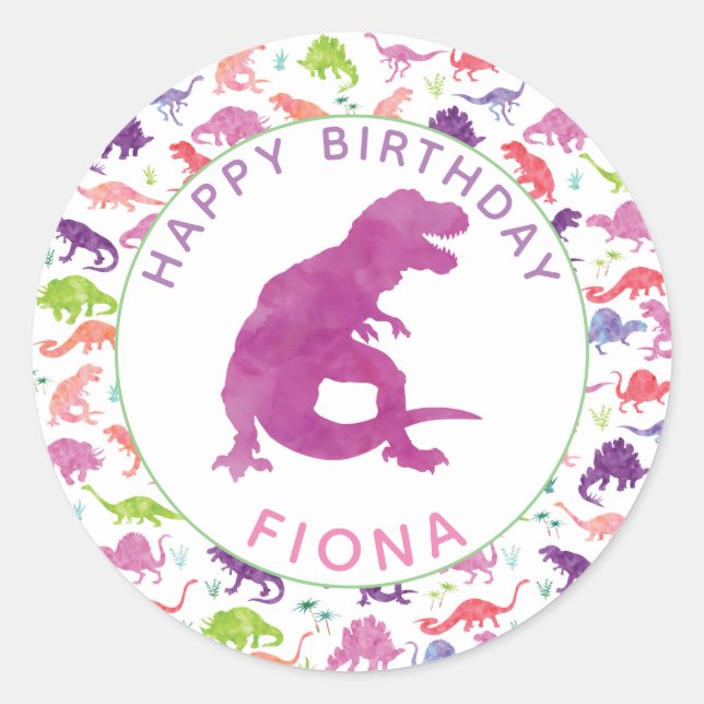 Sticker Rond Filles Dinosaur fête d'anniversaire Personnalisé v (Devant)