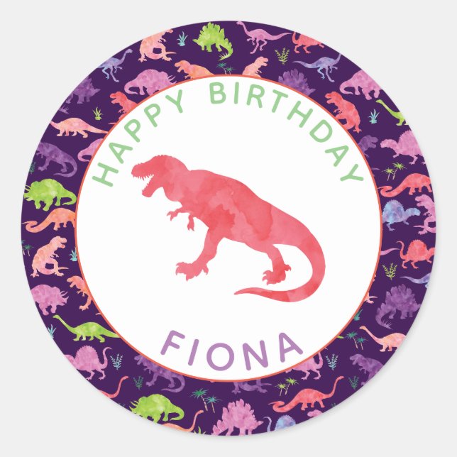 Sticker Rond Filles Dinosaure Personnalisé Motif de fête d'anni (Devant)