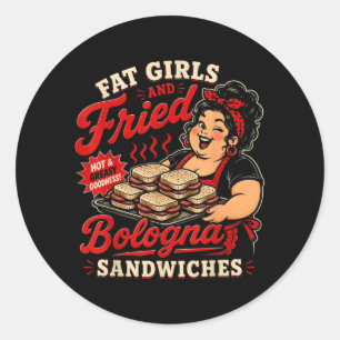 Sticker Rond Filles Grosses Drôles Et Sandwichs De Bologna Frit