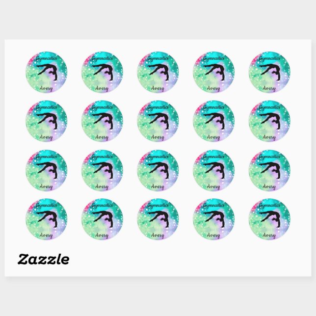 Sticker Rond Filles Gymnastique Aquarelle avec Coeurs flottants (Feuille)
