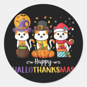 Sticker Rond Filles Halloween Thanksgiving Noël Chats Happy