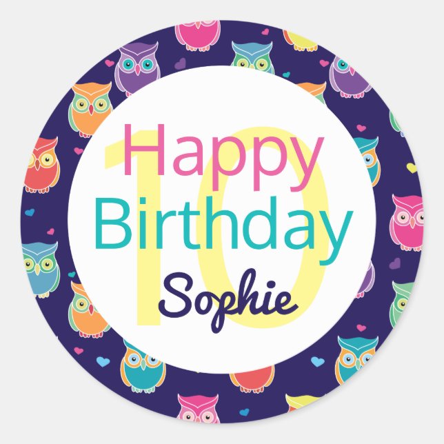 Sticker Rond Filles Joyeux Anniversaire Blue Owl Motif Personna (Devant)