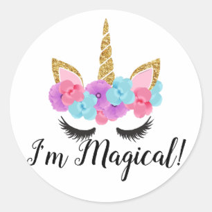 Sticker Rond Filles magiques de licorne d'or de fleurs