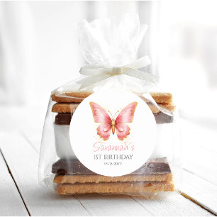 Sticker Rond Filles mignonne papillon rose 1er fête d'anniversa