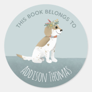 Sticker Rond Filles mignonnes 'Ce Livre Appartient' Chien et no
