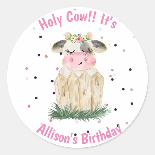 Sticker Rond Filles mignonnes Fête d'anniversaire de la vache s (Devant)