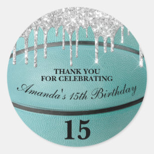 Sticker Rond Filles Parties scintillant Turquoise Drip Basketba