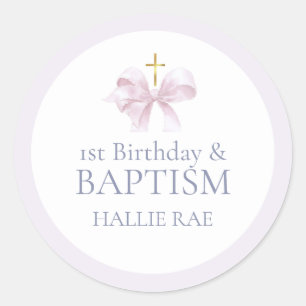 Sticker Rond Filles Pink Bow 1er anniversaire et baptême
