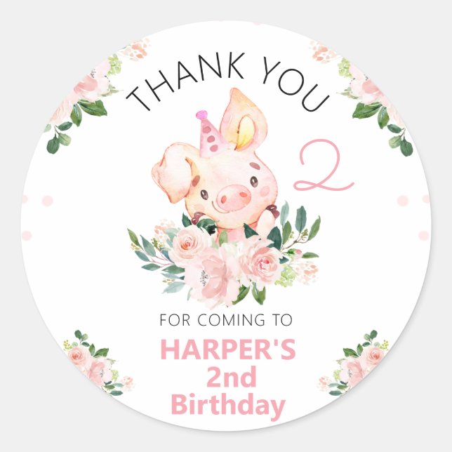 Sticker Rond Filles Pink Floral Ce Petit Anniversaire Piggy (Devant)