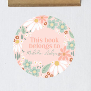 Sticker Rond Filles Rose Fleur sauvage Daisy School Bookplate