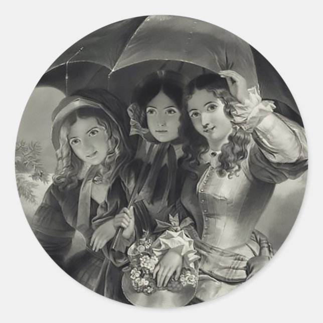 Sticker Rond Filles victoriennes parapluie jour de pluie femme  (Devant)