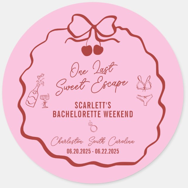 Sticker Rond Fin de semaine de bachelorette Cerise rose et roug (One Last Sweet Escape bachelorette weekend sticker ,favors, gifts, and décor in red and pink)