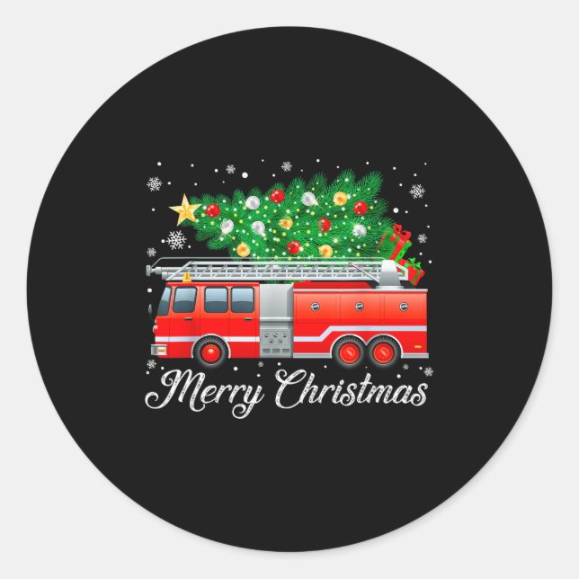 Sticker Rond Firetruck Christmas Tree Funny Xmas Pajamas Firefi (Devant)
