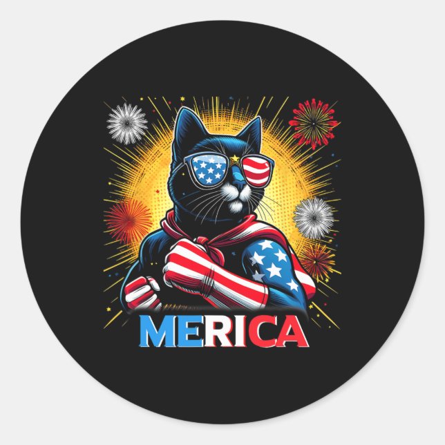 Sticker Rond Fireworks Us Drapeau Patriotique Chat Noir (Devant)