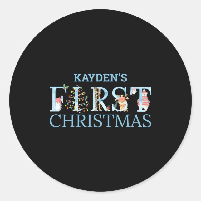 Sticker Rond First Christmas Cute Animal Letters Boy Name Baby  (Devant)