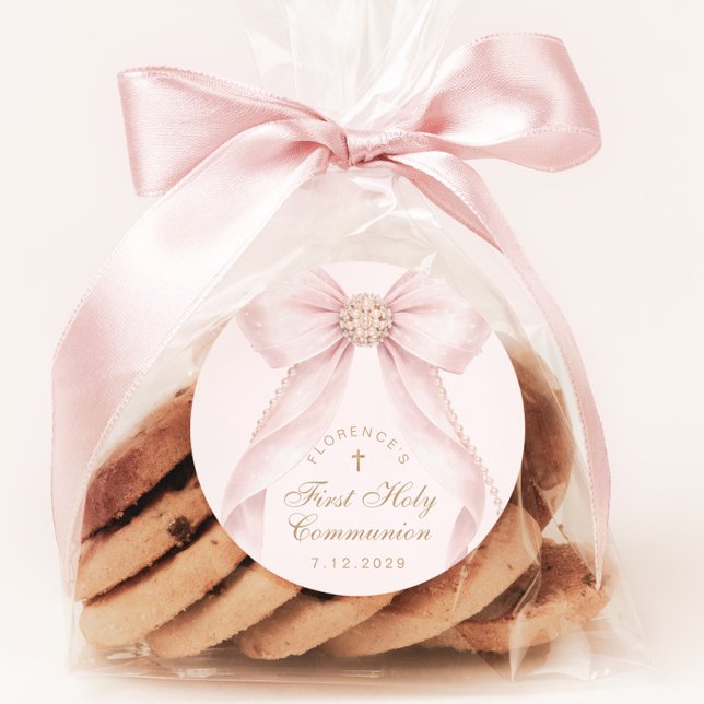 Sticker Rond First Holy Communion Gold Cross Pink Bow (Créateur téléchargé)