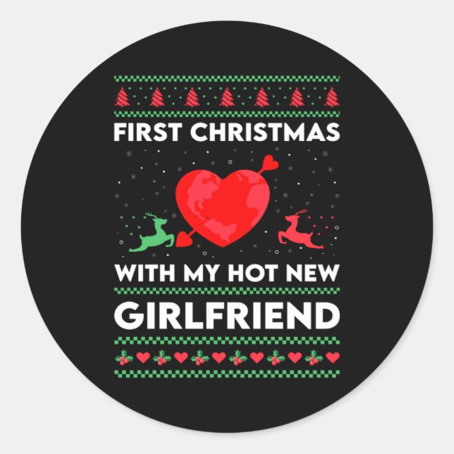 Sticker Rond First Xmas With My New Girlfriend Men Ugly Christ  (Devant)