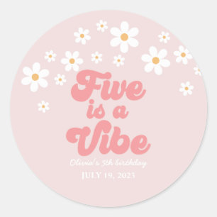 Sticker Rond Five est Vibe Retro Daisy Pink 5e anniversaire