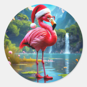 Sticker Rond Flamant de Noël en Père Noël-47476